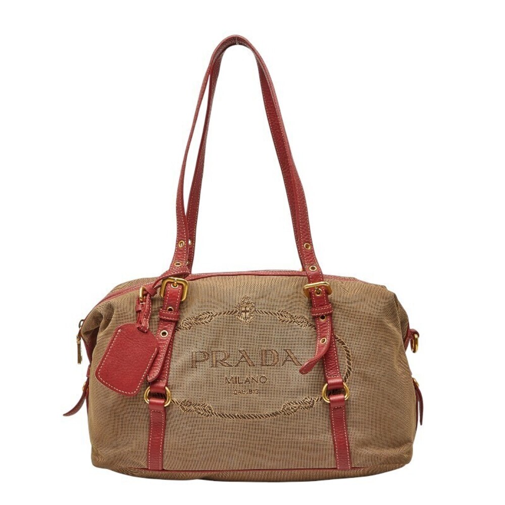 Prada Jacquard Hobo Bag Beige Cream Red Canvas Leather